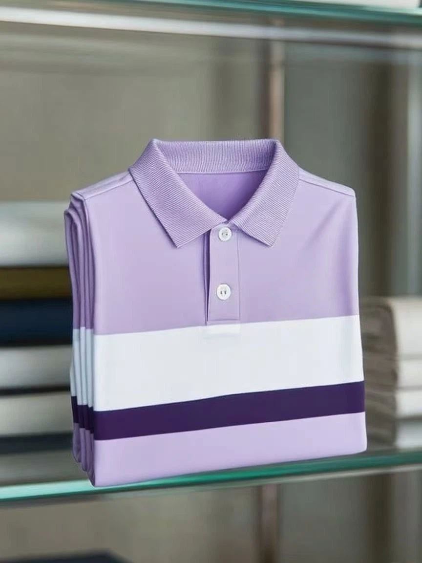 Men's Business Casual Color Block Stripe Logo Button Short Sleeve Polo