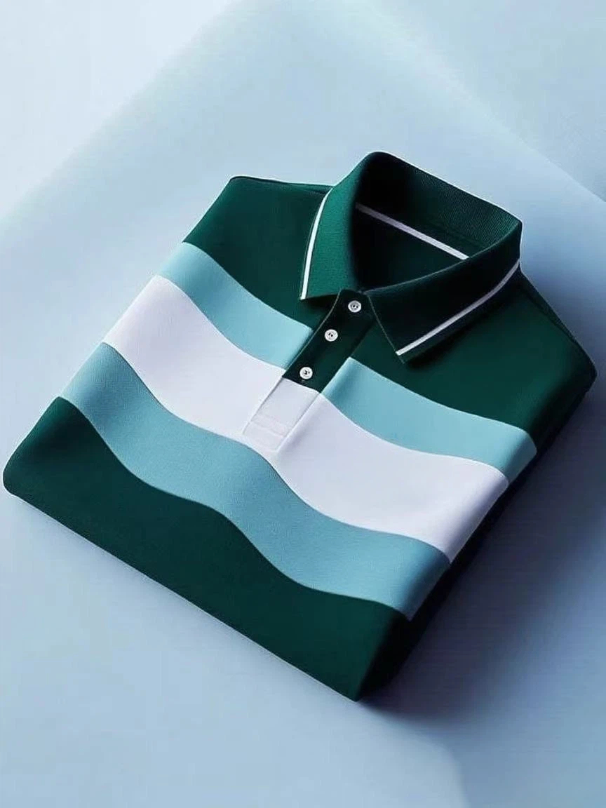 Men's Business Casual Color Block Stripe Logo Button Short Sleeve Polo