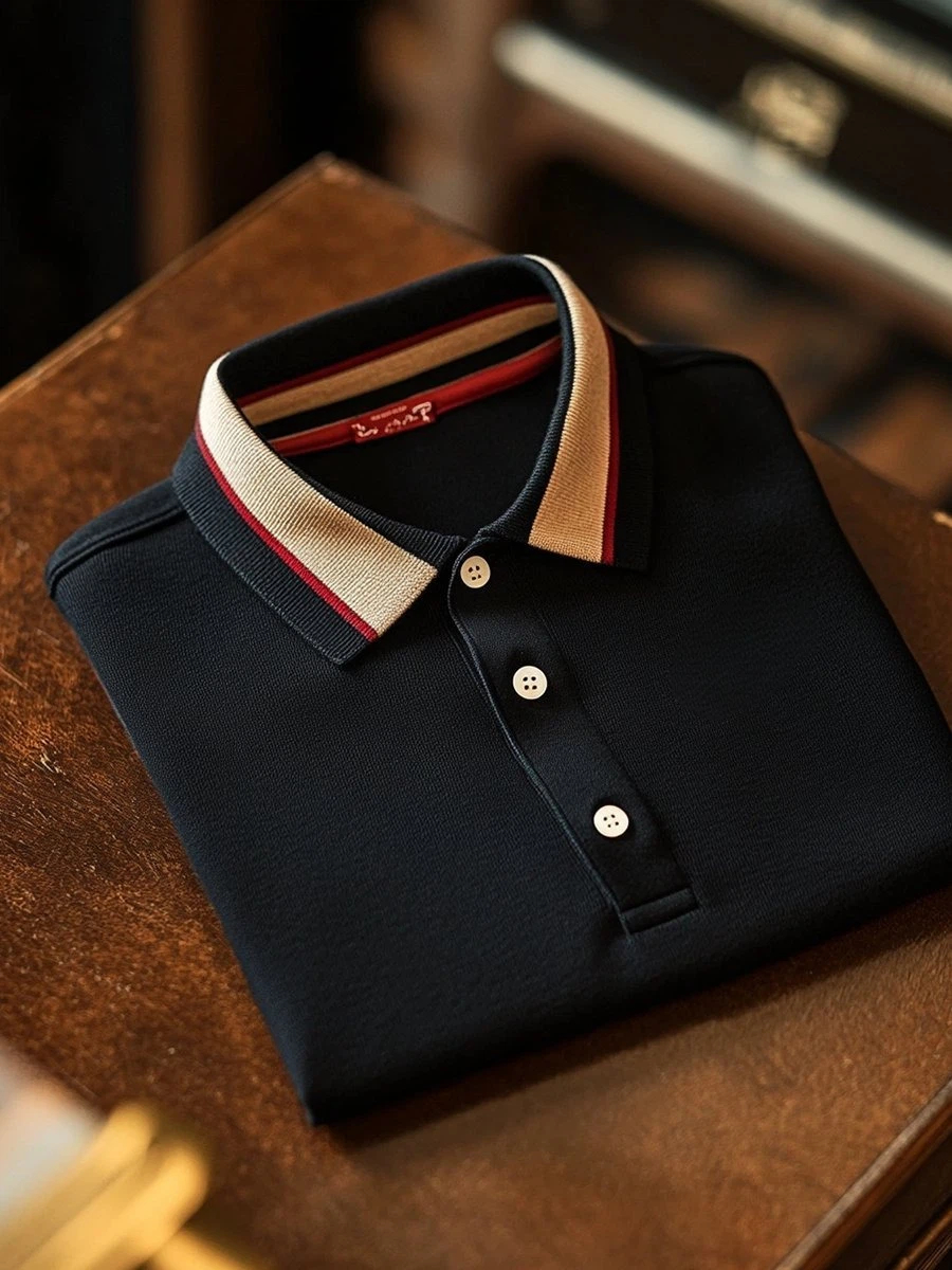 Men's Business Casual Black Logo Button Short Sleeve Polo Shirt