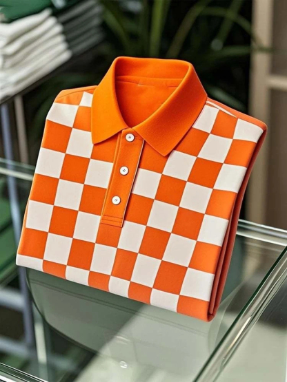 Men's Business Casual Checkerboard Logo Button Short Sleeve Polo Shirt