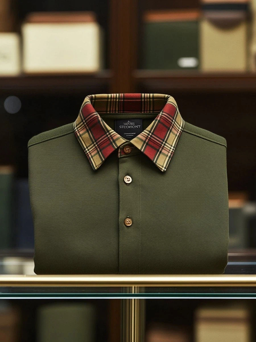 Men's Business Casual Army Green Logo Button Short Sleeve Polo Shirt