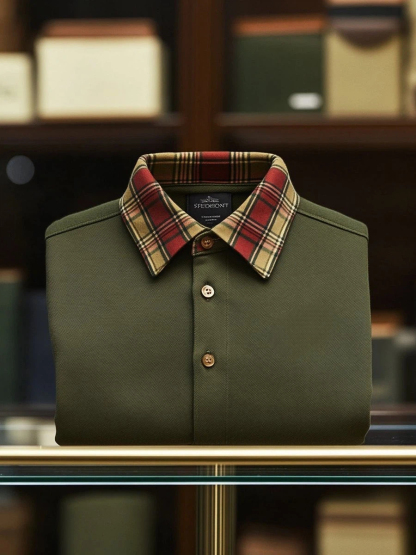 Men's Business Casual Army Green Logo Button Short Sleeve Polo Shirt