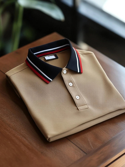 Men's Business Casual Khaki Logo Button Short Sleeve Polo Shirt