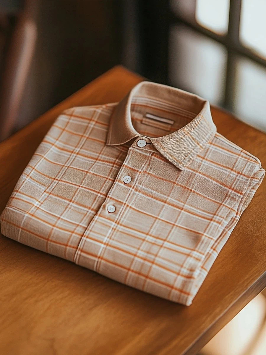 Men's Business Casual Plaid Logo Button Short Sleeve Polo Shirt