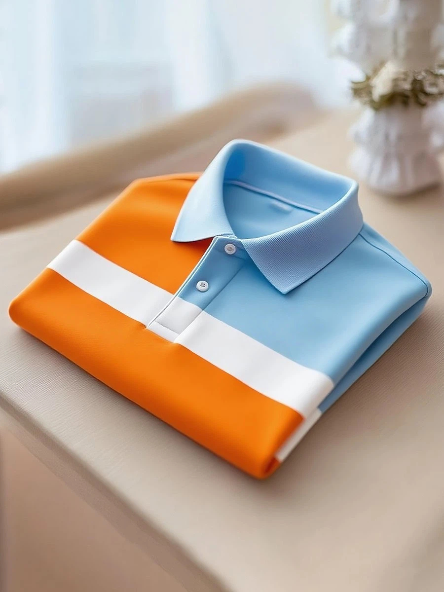 Men's Classic Business Stripe Logo Button Short Sleeve Polo Shirt