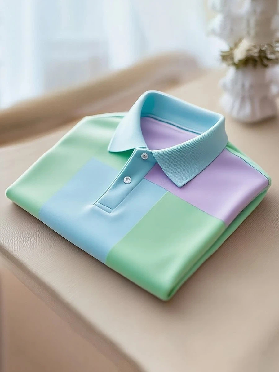 Men's Classic Business Stripe Logo Button Short Sleeve Polo Shirt