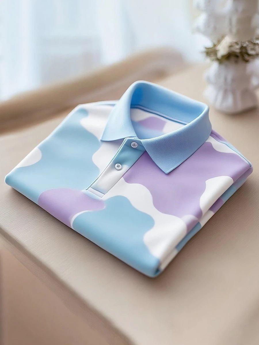 Men's Classic Business Stripe Logo Button Short Sleeve Polo Shirt