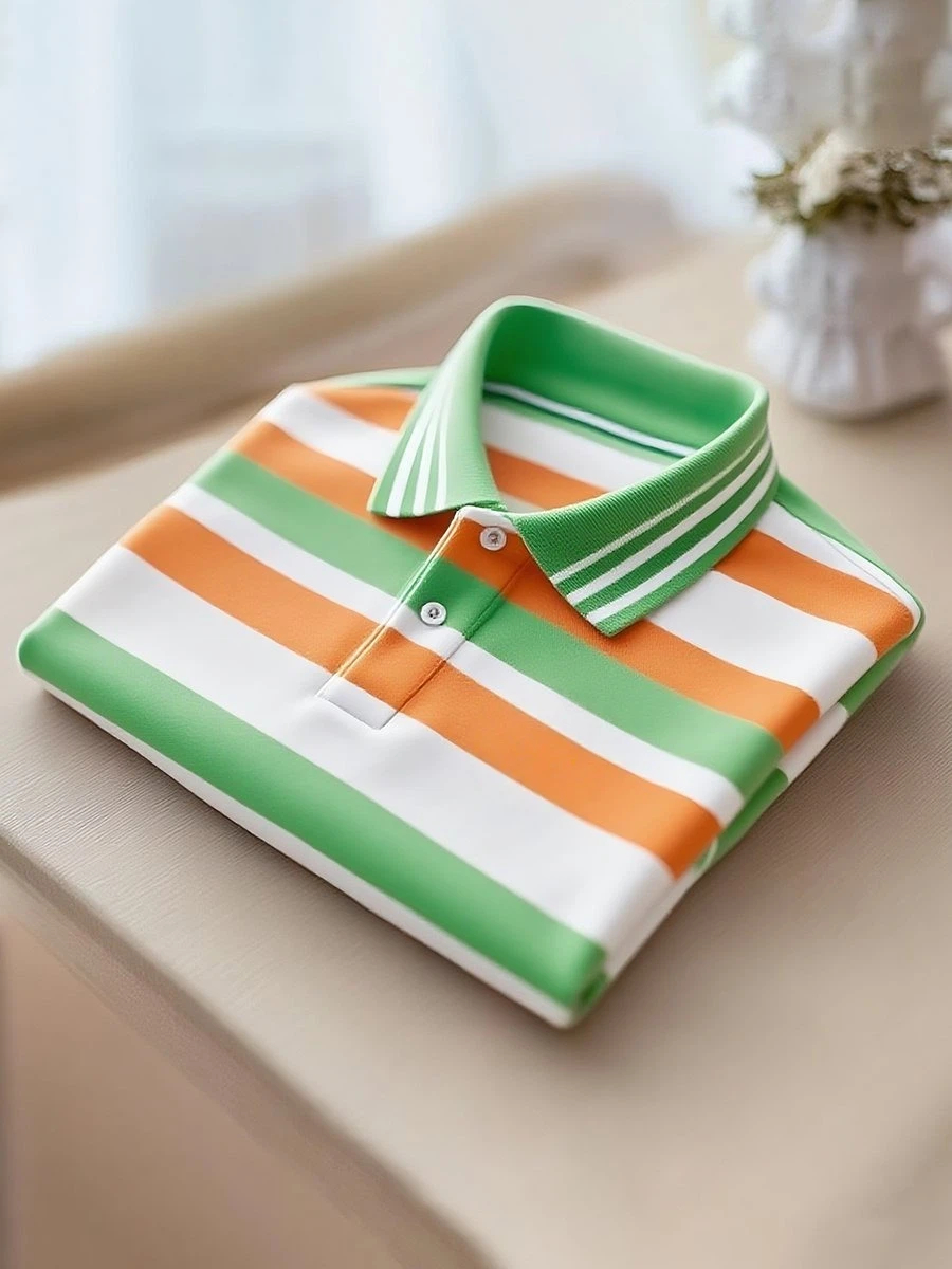 Men's Classic Business Stripe Logo Button Short Sleeve Polo Shirt