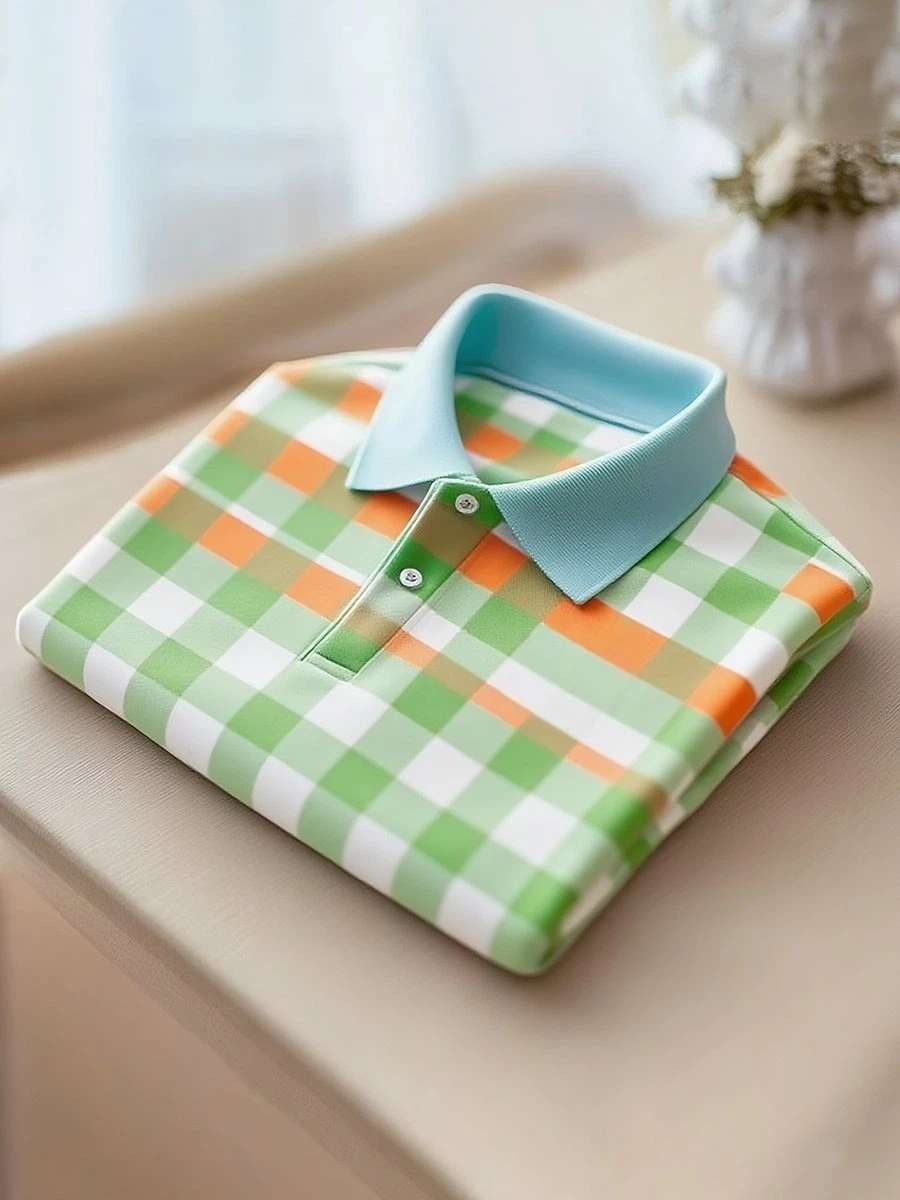 Men's Classic Business Stripe Logo Button Short Sleeve Polo Shirt