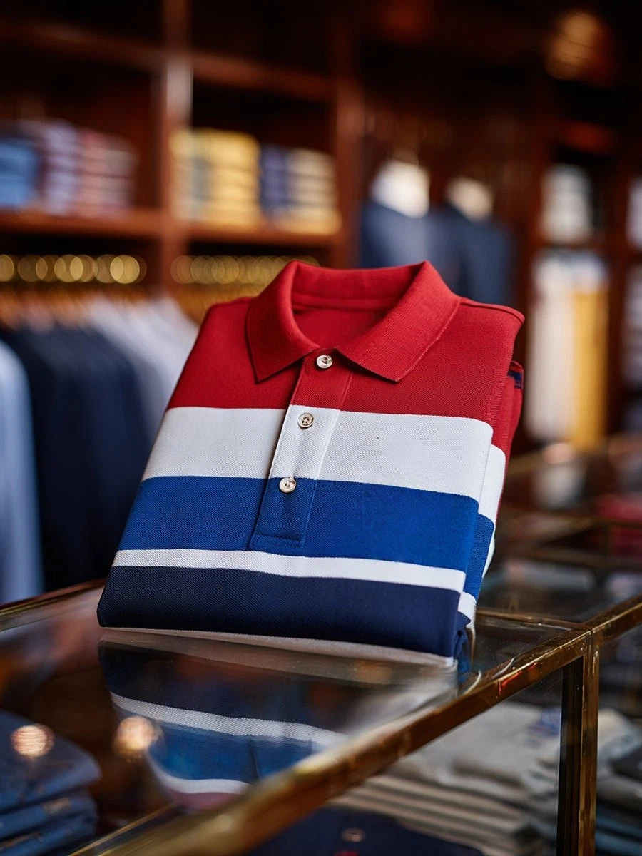 Men's Classic Business Stripe Logo Button Short Sleeve Polo Shirt