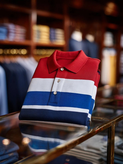 Men's Classic Business Stripe Logo Button Short Sleeve Polo Shirt