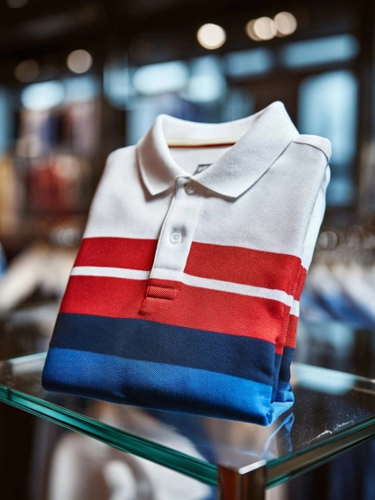 Men's Classic Business Stripe Logo Button Short Sleeve Polo Shirt