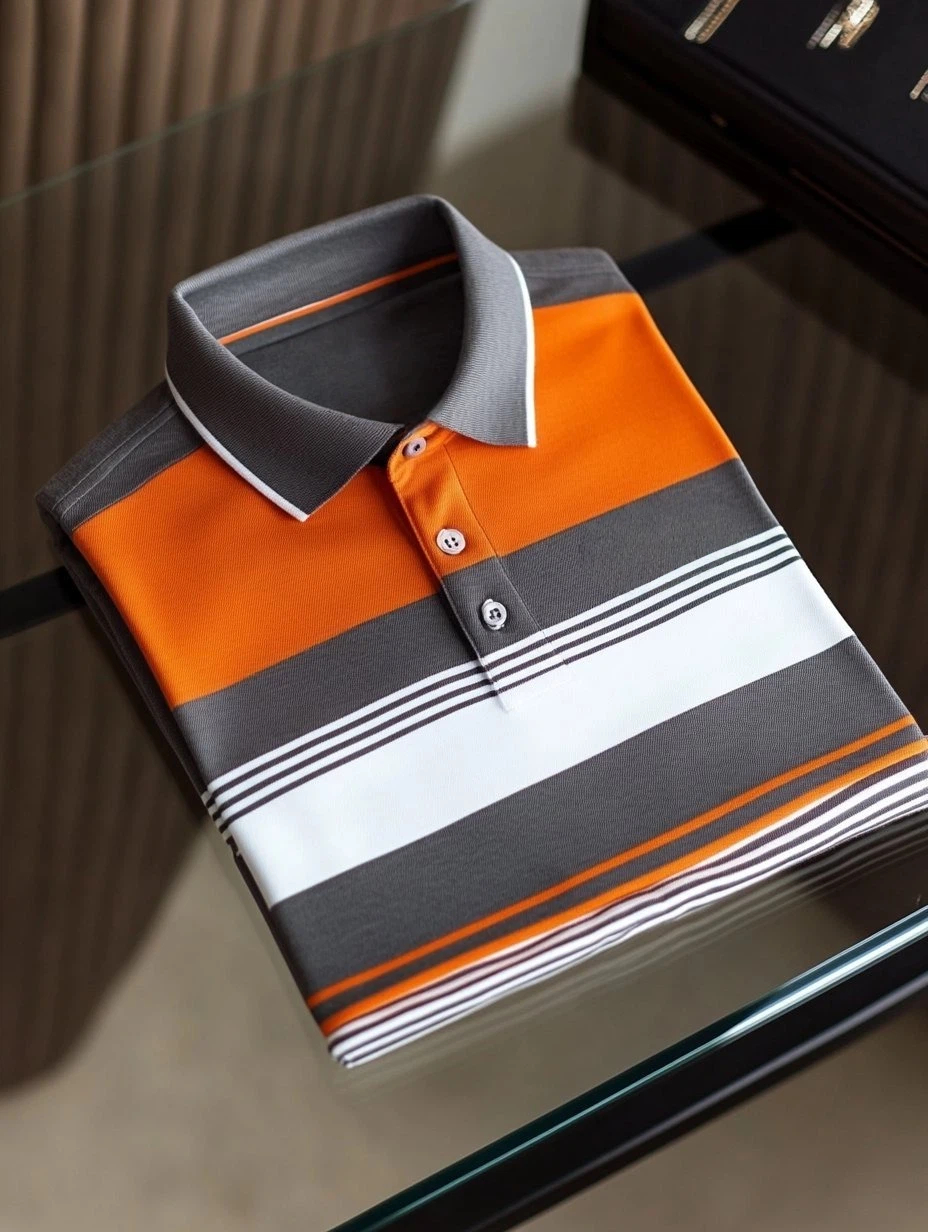 Men's Business Casual Striped Fish Embroidered Button Short Sleeve Polo Shirt