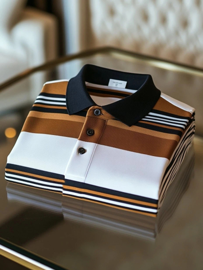 Men's Business Casual Striped Fish Embroidered Button Short Sleeve Polo Shirt