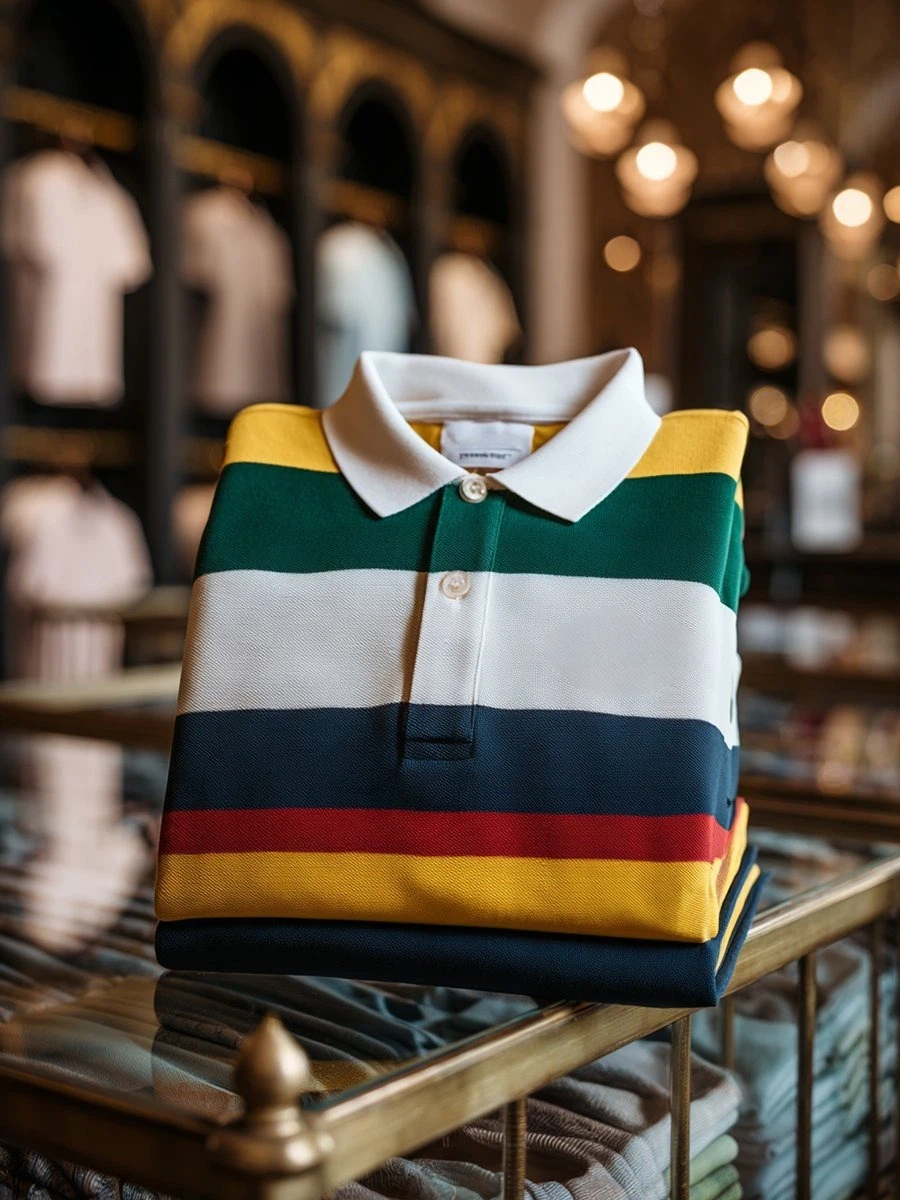 Men's Classic Business Stripe Logo Button Short Sleeve Polo Shirt