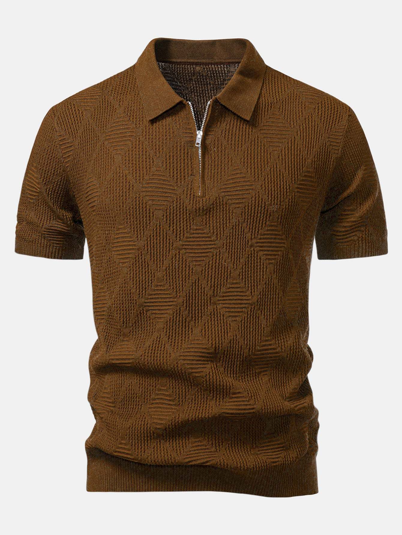 Rhombus Textured Zip Up Knitted Polo Shirt