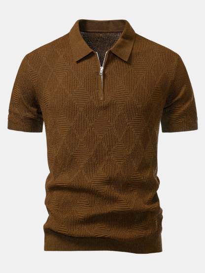 Rhombus Textured Zip Up Knitted Polo Shirt