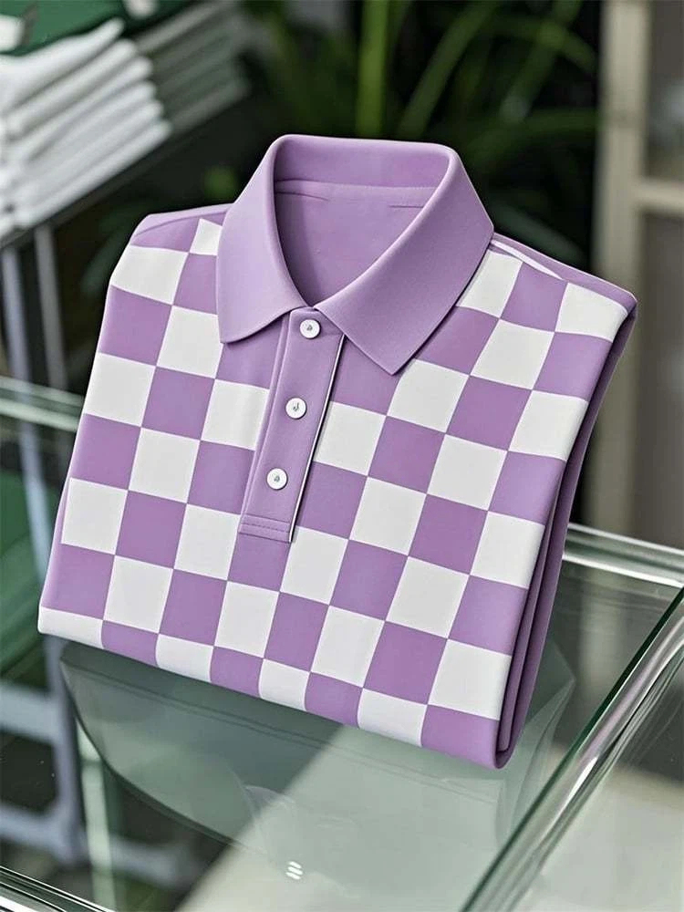 Men's Business Casual Checkerboard Logo Button Short Sleeve Polo Shirt