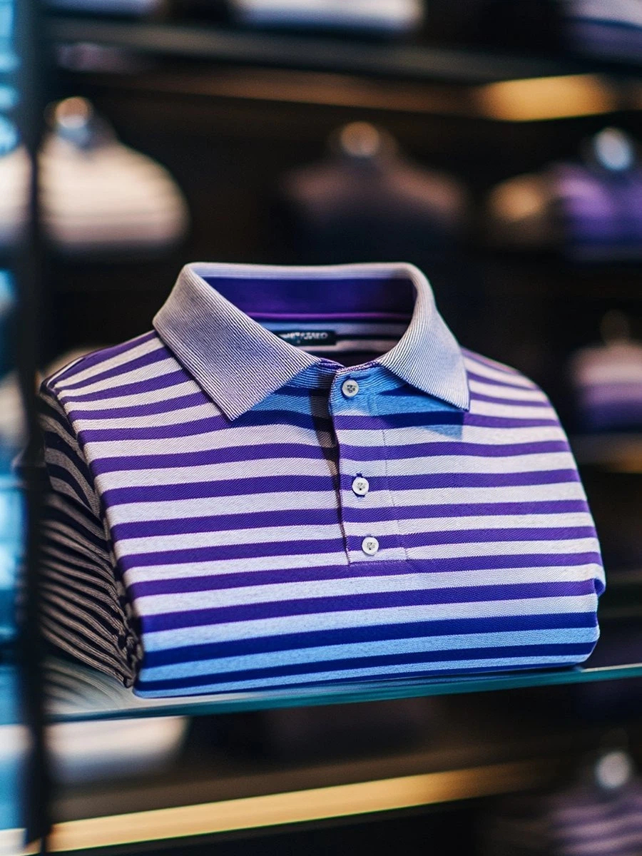Men's Business Casual Purple Striped Logo Button Short Sleeve Polo Shirt