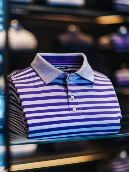 Men's Business Casual Purple Striped Logo Button Short Sleeve Polo Shirt