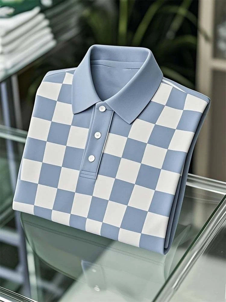 Men's Business Casual Checkerboard Logo Button Short Sleeve Polo Shirt