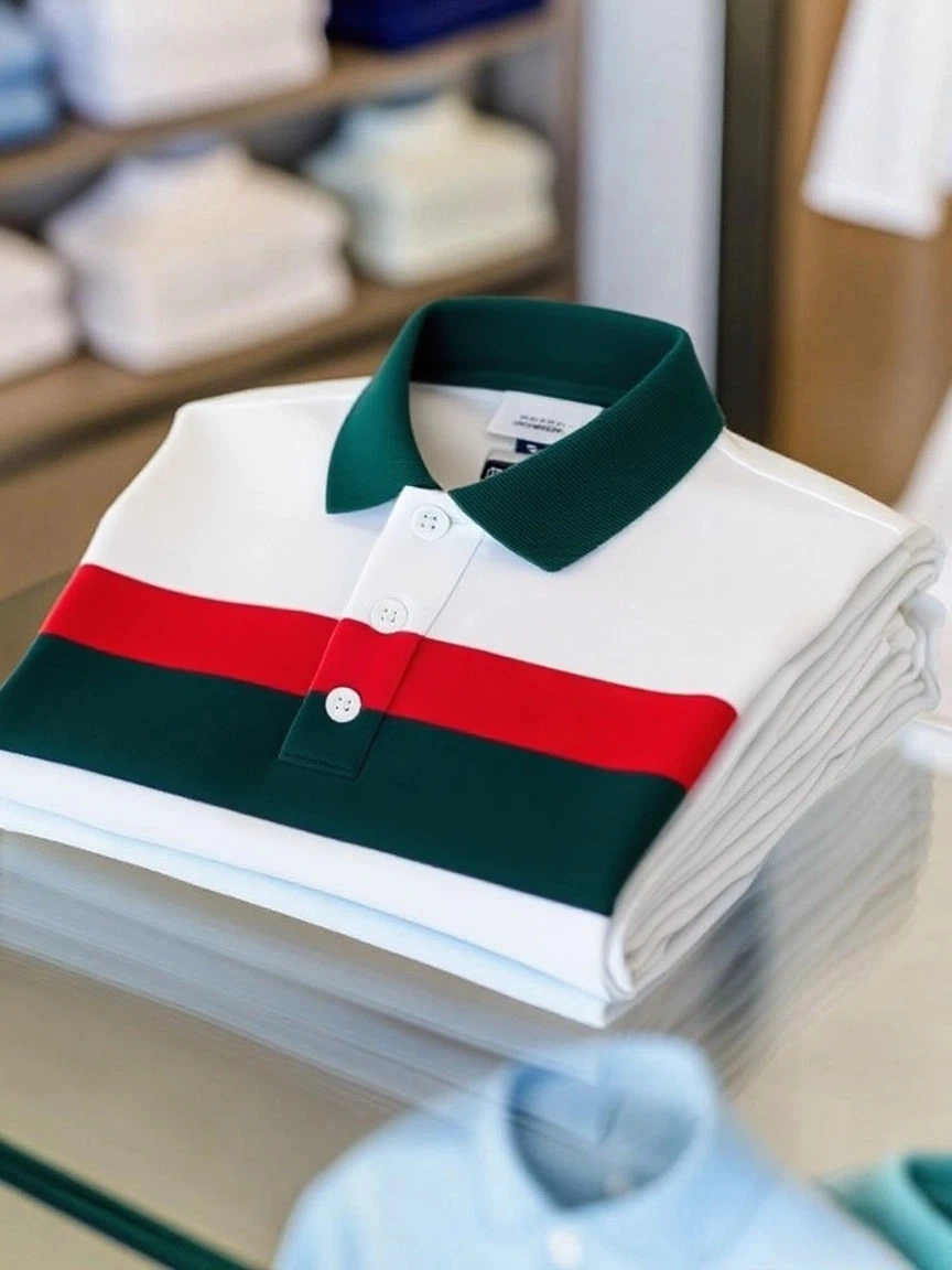 Men's Business Casual Color Block Stripe Logo Button Short Sleeve Polo Shirt