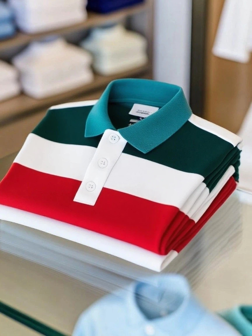 Men's Business Casual Color Block Stripe Logo Button Short Sleeve Polo