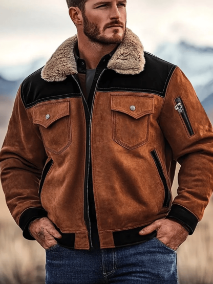 Men's Vintage Suede Contrast Multi-Pocket Plush Lapel Collar Bomber Jacket