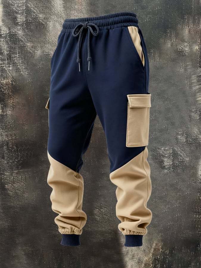 Men's Retro Stitching Contrast Color Casual Half Zip Hooded Sweatshirt Suit