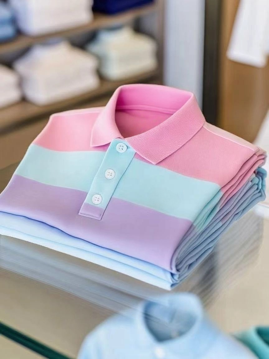 Men's Business Casual Color Block Stripe Logo Button Short Sleeve Polo Shirt