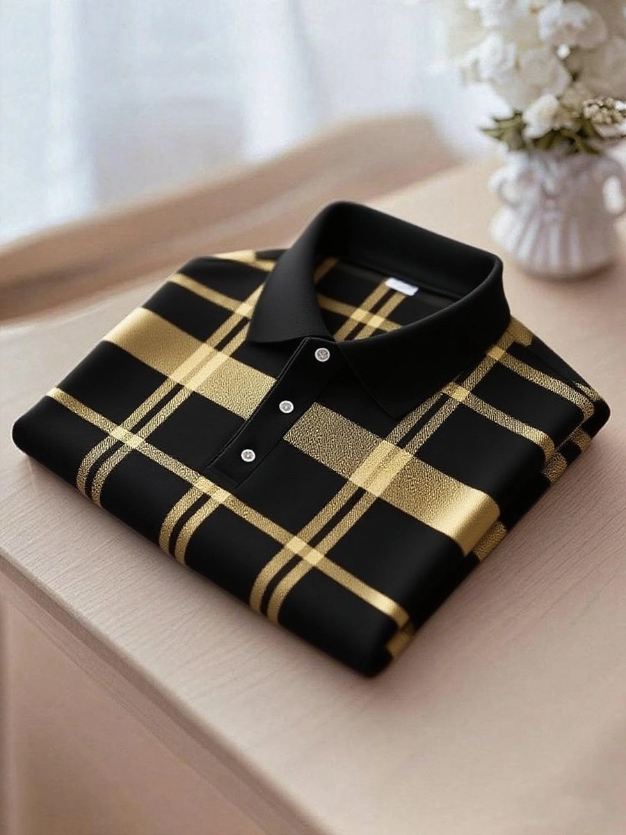 Men's Business Casual Black and Yellow Plaid Logo Button Short Sleeve Polo Shirt