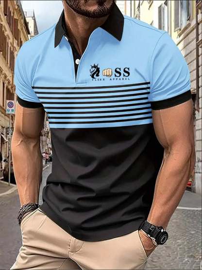 Men's Striped Lettering Casual Polo Shirt