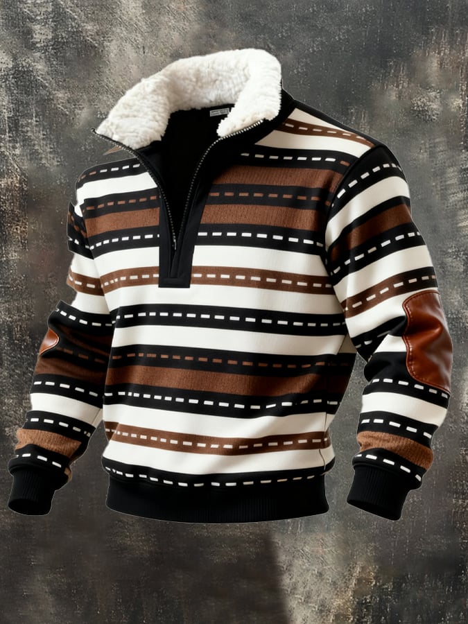 Men's Retro Color Block Print Casual Fur Collar Sweatshirt