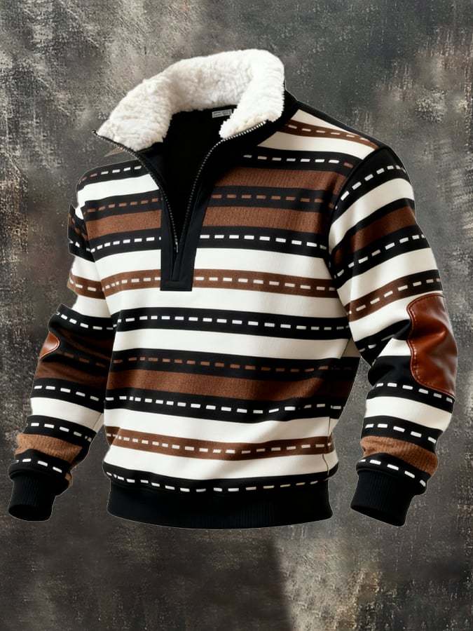 Men's Retro Color Block Print Casual Fur Collar Sweatshirt