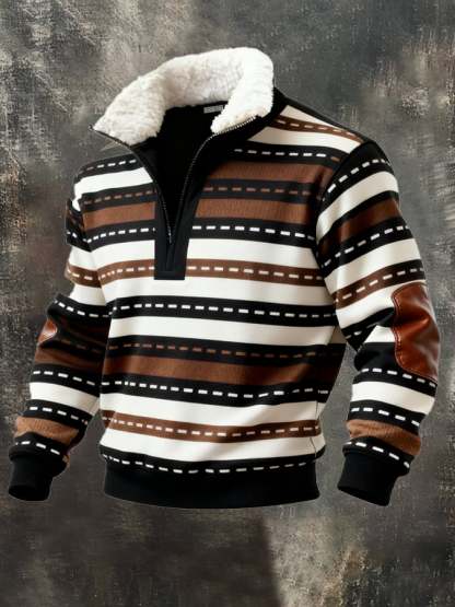 Men's Retro Color Block Print Casual Fur Collar Sweatshirt