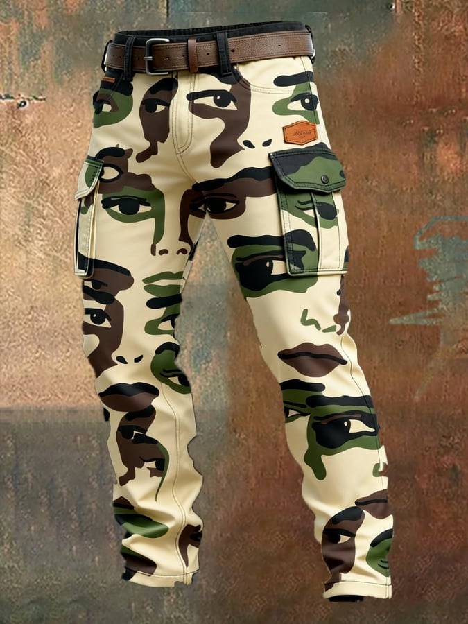 Men's Retro Abstract Face Camouflage Distressed Pocket Work Pants