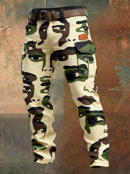 Men's Retro Abstract Face Camouflage Distressed Pocket Work Pants