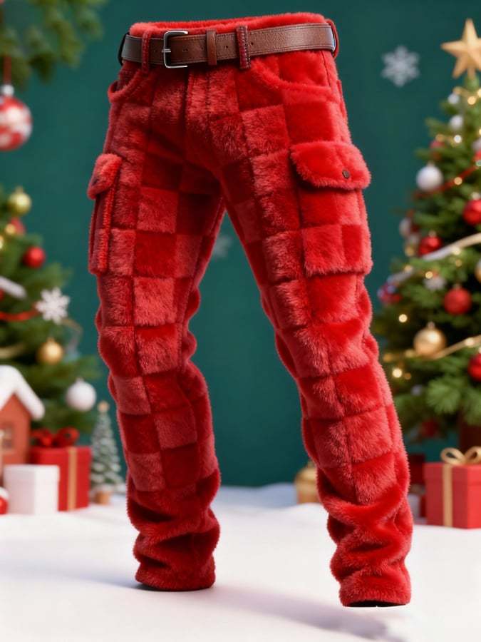 Men's Red Textured Plush Warm Christmas Cargo Pants