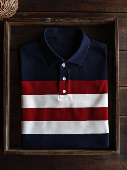 Men's Business Casual Striped Button Short Sleeve Polo Shirt