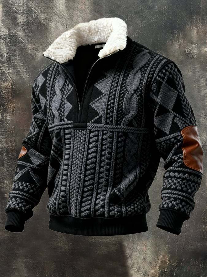 Men's Retro Color Block Print Casual Fur Collar Sweatshirt