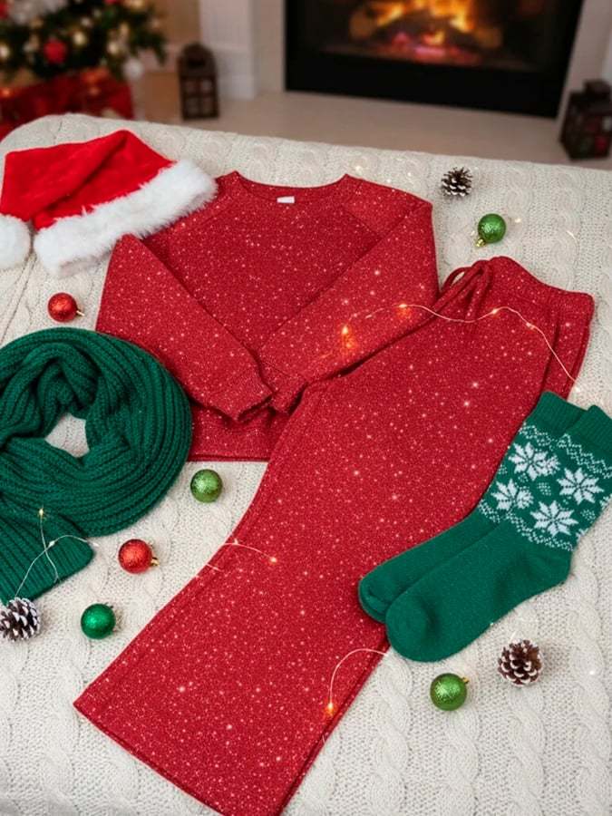 Cozy Travel Crew Neck Shiny Sweatshirt and Pant 2 Piece Sets