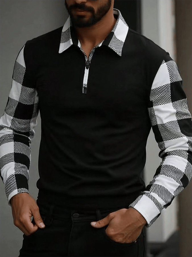 Men's Business Plaid Contrast Patchwork Zipper Lapel Long-Sleeved T-Sh