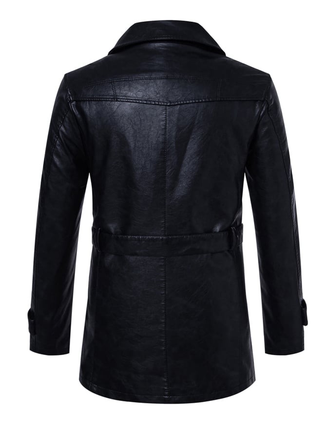 Men'S Stylish Suit Collar Mid-Length With Belt Casual Leather Trench Coat