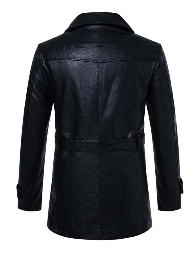 Men'S Stylish Suit Collar Mid-Length With Belt Casual Leather Trench Coat