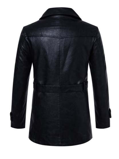 Men'S Stylish Suit Collar Mid-Length With Belt Casual Leather Trench Coat