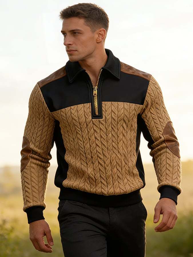 Men's Retro Jacquard Textured Patchwork Comfortable Color-Blocked Zip-Up Sweatshirt