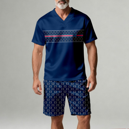 Men's Casual Navy Blue Geometric Print V-Neck Short-Sleeve T-Shirt And Shorts Two-Piece Set