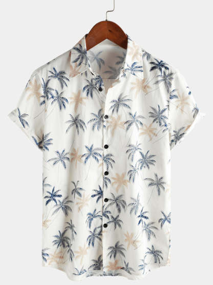 Men‘s Hawaiian Plam Tree Short Sleeve Button Beach Shirt