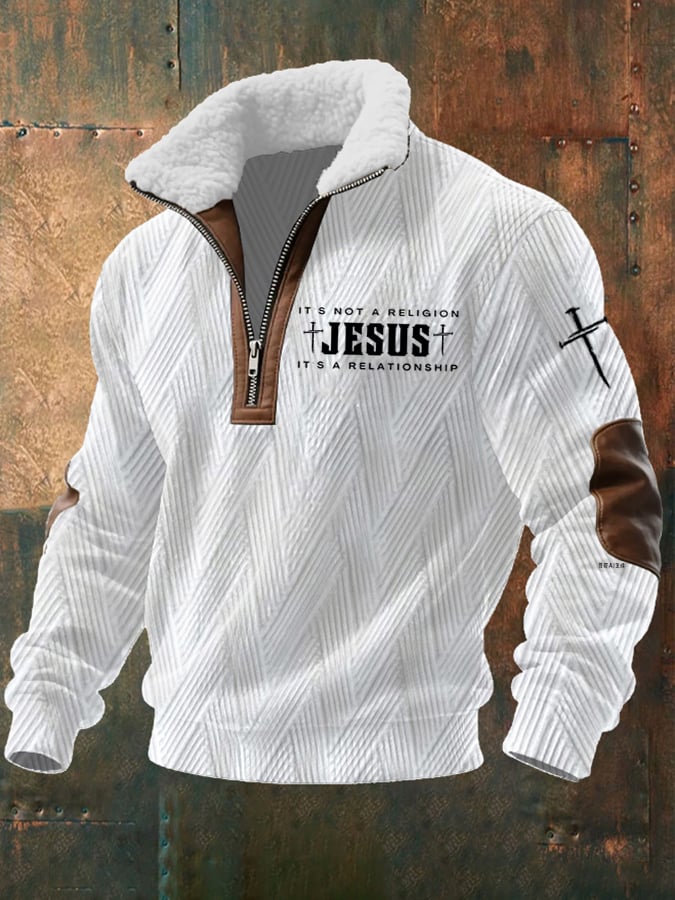 Men's fur collar retro faith jacquard fabric zipper collar long sleeve sweatshirt