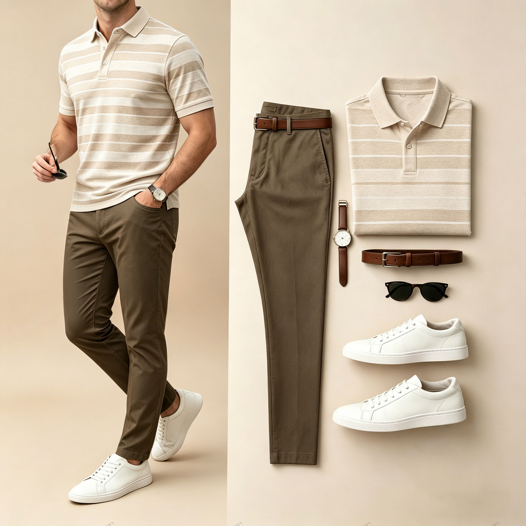 Men's Casual Horizontal-Striped, Two-Tone Print Short-Sleeve Polo Shirt And Pants Two-Piece Set (Does Not Include Accessories Such As Watches Or Glasses)